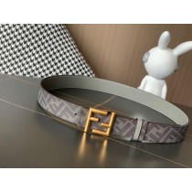 Fendi FF Grey Leather Reversible Belt Gold Buckle