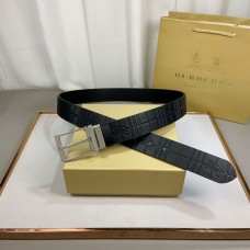 Burberry Men Leather Embossed Equestrian Belt Double Sides 35mm Square Buckle Black