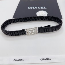 Chanel CC Black Elastic Leather Belt Silver Buckle