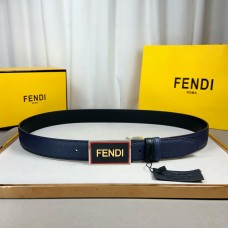 Fendi Reversible Men Leather Belt 34mm Grained Calfskin Blue