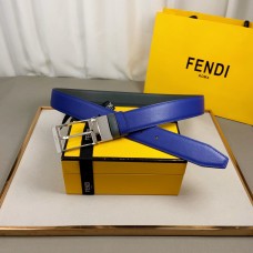 Fendi Reversible Men Leather Belt Grained Calfskin 34mm Blue Black