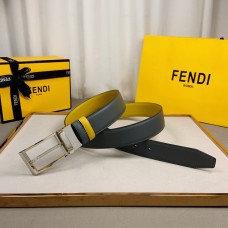 Fendi Reversible Men Leather Belt Grained Calfskin 34mm Yellow Grey