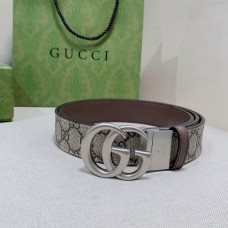 Gucci GG Supreme Canvas Leather Belt 35MM Double G Silver Buckle