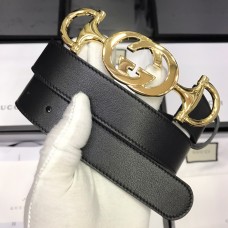 Gucci GoldL-toned Buckle Women Leather Belt Black 30mm