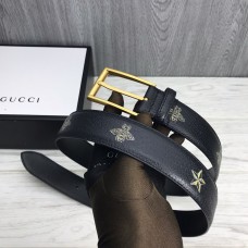 Gucci Leather Belt Black Bee Printed 34mm Square Buckle