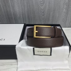 Gucci Leather Belt Coffee Black 3.4cm Rectangular Buckle