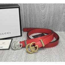 Gucci Women Belt Double G Gold Silver Buckle Calfskin 30mm Red
