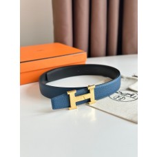 Hermes H Circle Gold Buckle Leather Belt 32MM Blue
