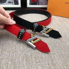Louis Vuitton Women Twill Leather Belt 30mm Black Red Calfskin