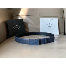 Prada Saffiano Leather Belt Men 34mm Navy Blue Square Buckle 